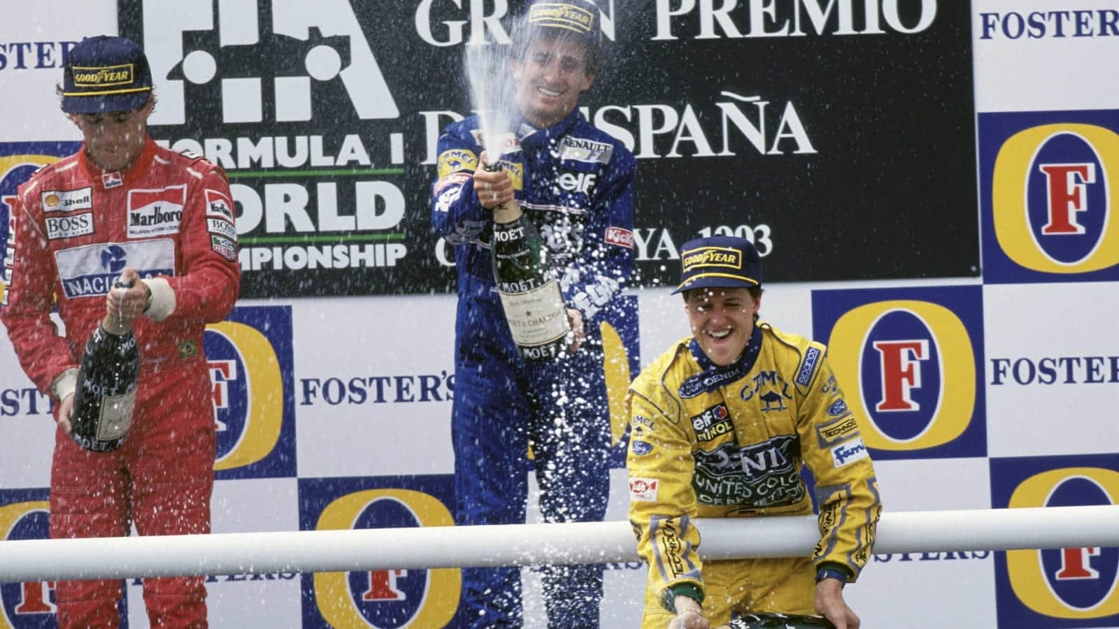 Alain Prost Ayrton Senna and Michael Schumacher on the podium after the 1993 Spanish Grand Prix
