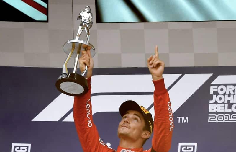 Charles Leclerc pays tribute to Anthoine Hubert after winning the 2019 Belgian grand Prix at Spa Francorchamps