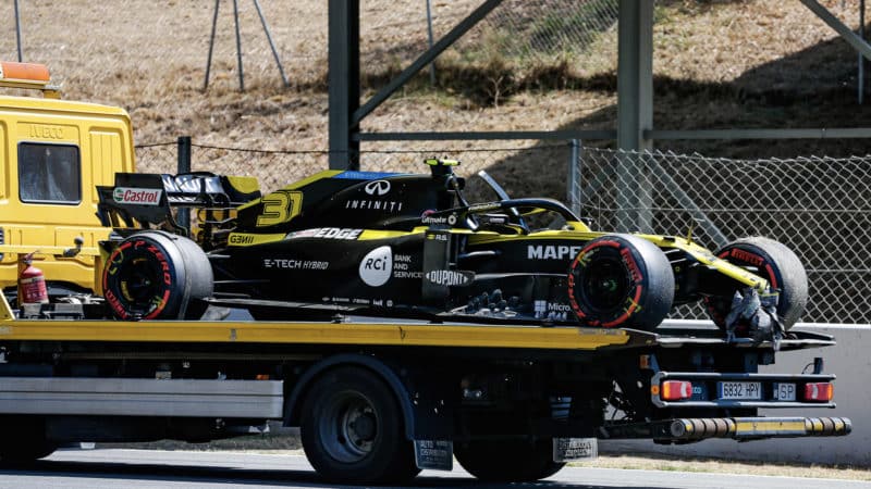 Esteban Ocon's damaged renault after a crash during practice for the 2012 Spanish Grand Prix