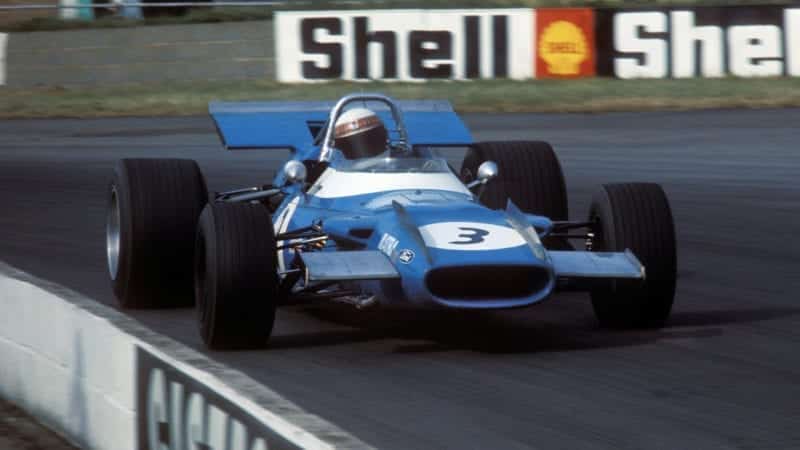 Jackie Stewart in his Tyrrell Matra Ford in the 1969 British Grand Prix at Silverstone