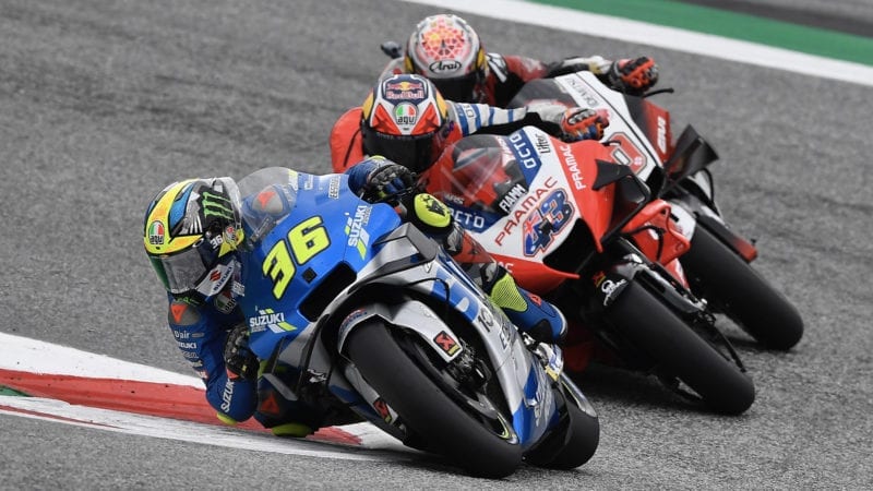 Joan Mir leads Jack Miller and Takaaki Nakagami during the 2020 MotoGP Styrian Grand Prix at the Red Bull Ring