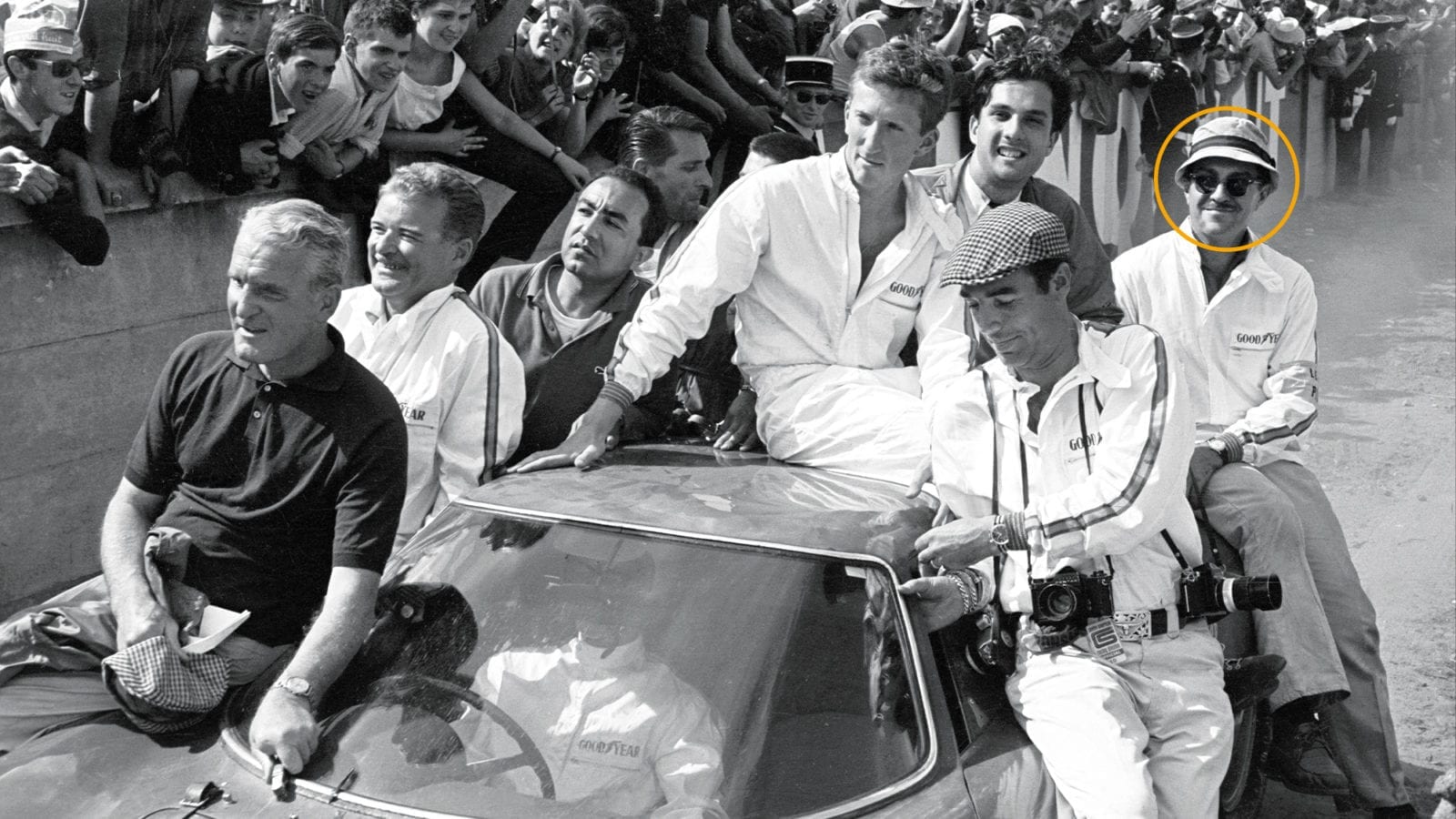 Jochen Rindt Masten Gregory and members of the 1965 Le Mans winning NART Ferrari team including Ed Hugus circled