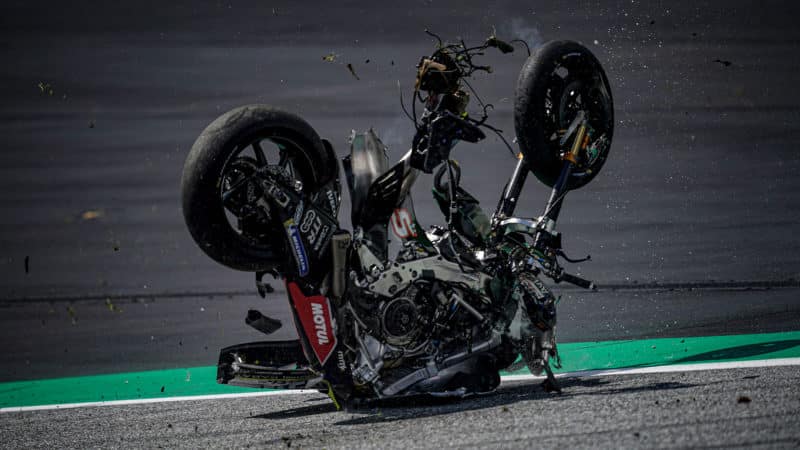 Johann Zarco's wrecked bike on the ground at the Red Bull Ring after a collision with Franco Morbidelli's Yamaha in the 2020 MotoGP Austrian Grand Prix