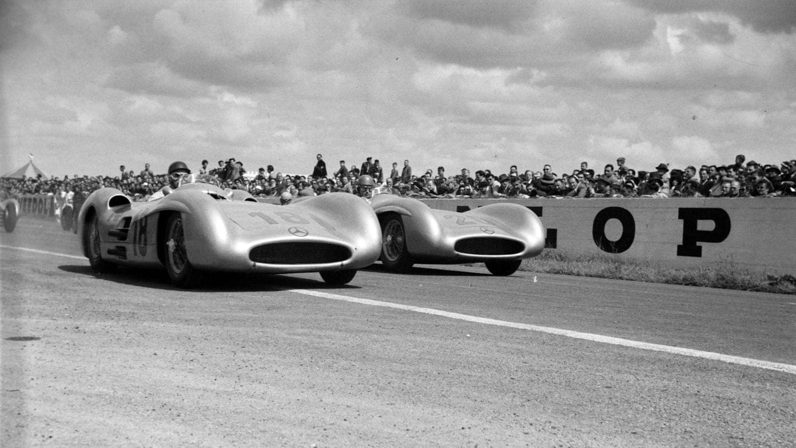 Juan Manuel Fangio, Mercedes W196, alongside Karl Kling, Mercedes W196 during the French GP at Reims-Gueux on July 04, 1954 in Reims-Gueux, France