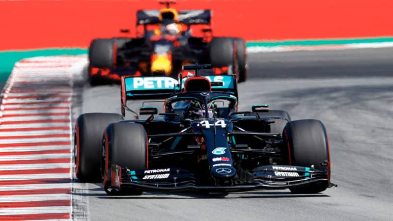 Lewis Hamilton ahead of Max Verstappen at the Circuit de Barcelona Catalunya during the 2020 F1 Spanish Grand Prix