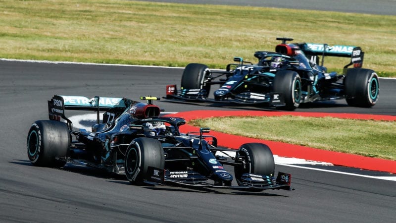 Lewis Hamilton catches Valtteri Bottas towards the end of the 2020 F1 70th Anniversary Grand Prix
