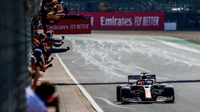 Max Verstappen crosses the finish line to win the 2020 F1 70th Anniversary Grand Prix at Silverstone