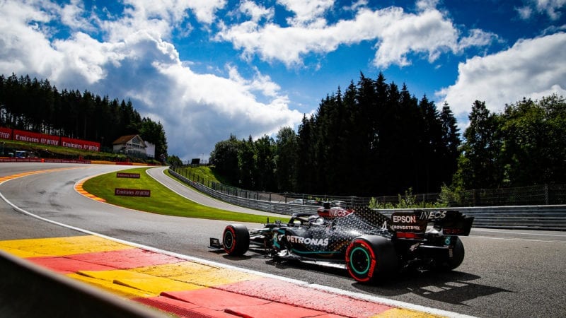 Lewis Hamilton drives through Eau roughe during qualofying for the 2020 F1 Belgian Grand prix