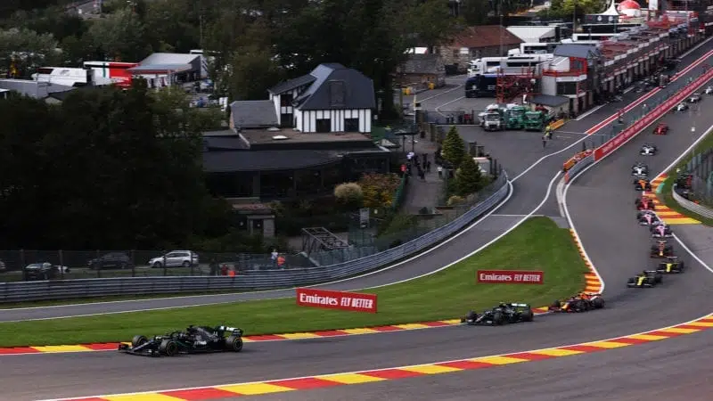 Lewis Hamilton leads through Eau Rouge at Spa Francorchamps on the first lap of the 2020 Belgian Grand Prix