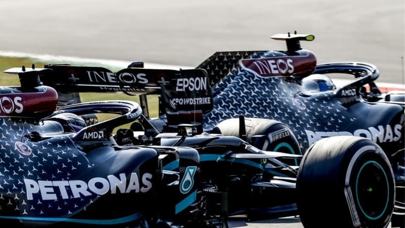 Lewis Hamilton moves to overtake Valtteri Bottas at the end of the 2020 F1 70th Anniversary Grand Prix