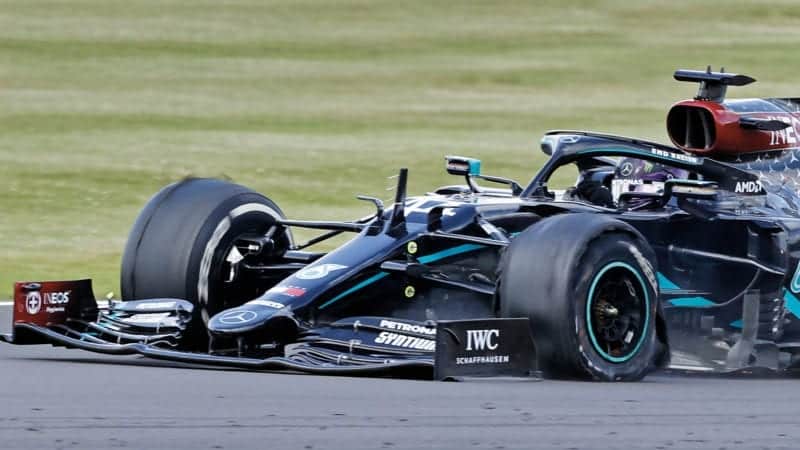 Lewis Hamilton's punctured left front tyre on the final lap of the 2020 F1 British Grand Prix at Silverstone