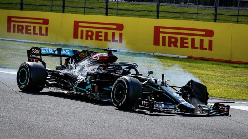 Lewis Hamilton's punctured tyre smoiking on the final lap of the 2020 F1 British Grand Prix