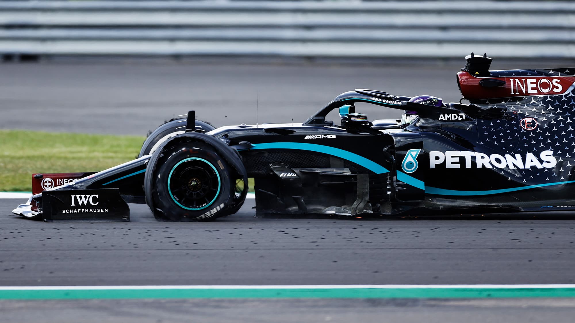 Lewis Hamilton's tyre fails on the final lap of the 2020 F1 British Grand Prix at Silverstone