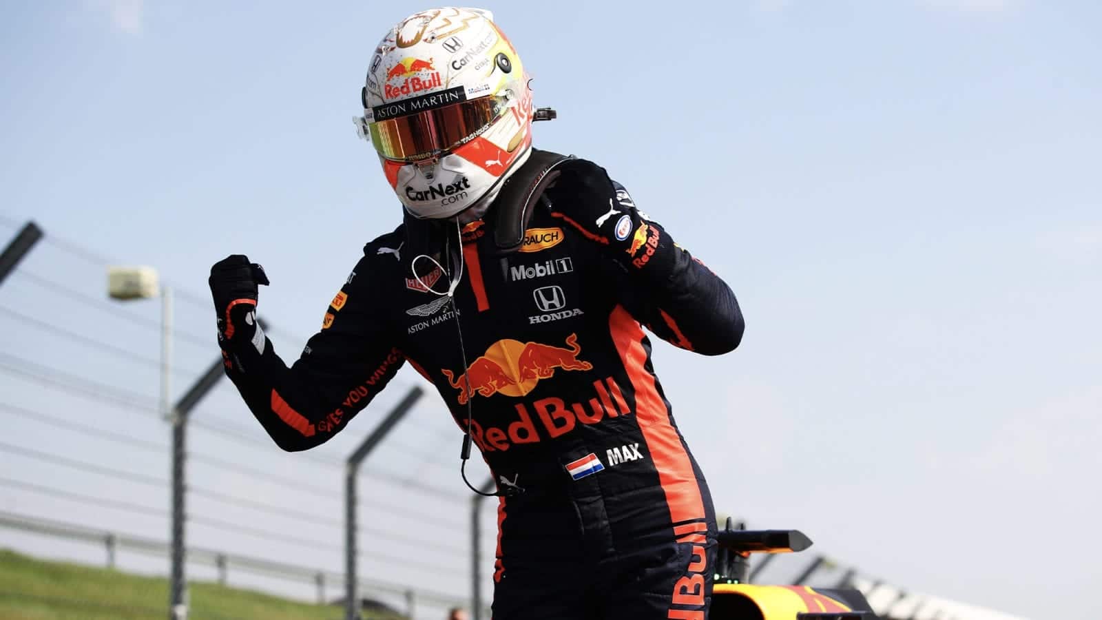 Max Verstappen celebrates after winning the 2020 f1 70th Anniversary Grand Prix for Red Bull at Silverstone