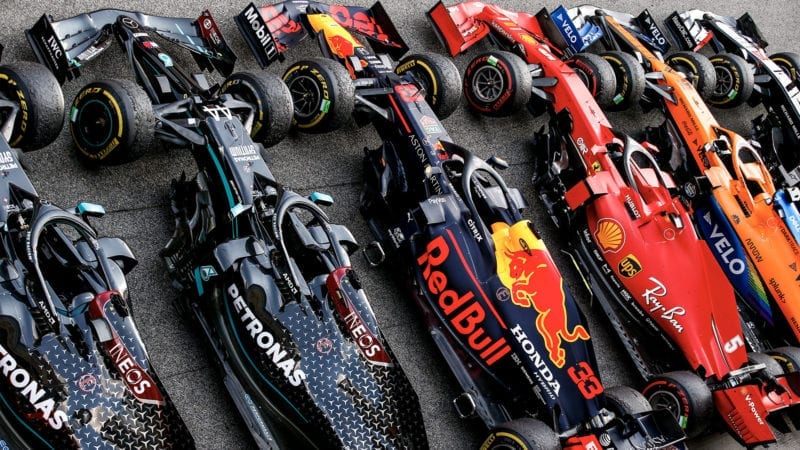 McLaren Ferrari red Bull and Mercedes cars lined up in parc ferme after the 2020 F1 Spanish Grand Prix