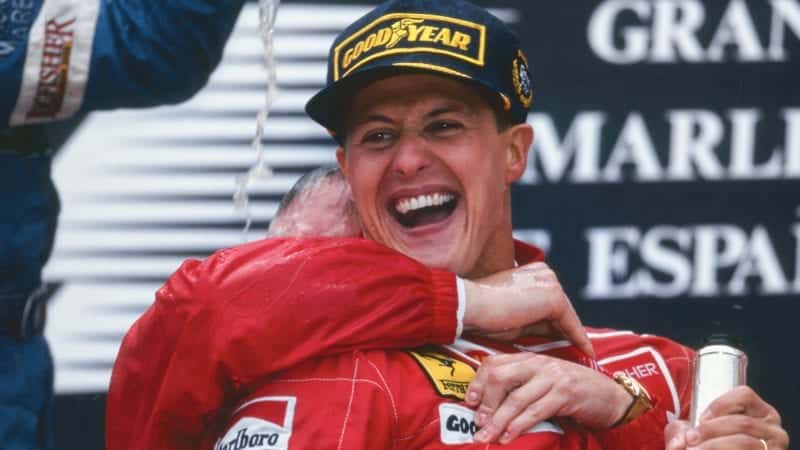 Michael Schumacher celebrates his first Ferrari victory at Barcelona in the 1996 Spanish Grand Prix