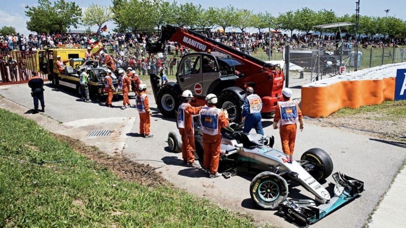 Nico Rosberg and Lewis Hamilton's wrecked Mercedes after the team-mates collided in the 2016 Spanish Grand Prix
