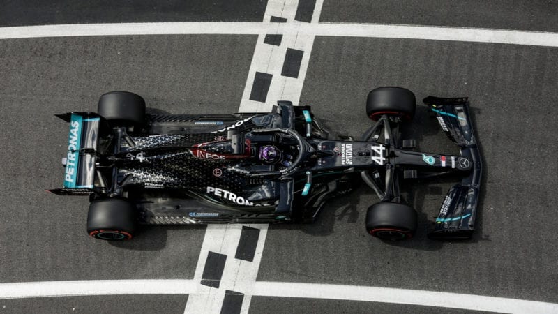 Overhead view of Lewis Hamilton in his Mercedes W11 during qualifying at Silverstone for the 2020 F1 British Grand Prix