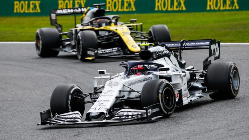 Pierre Gasly ahead of Kimi Raikkonen at Spa Francorchamps during the 2020 f1 Belgian Grand Prix
