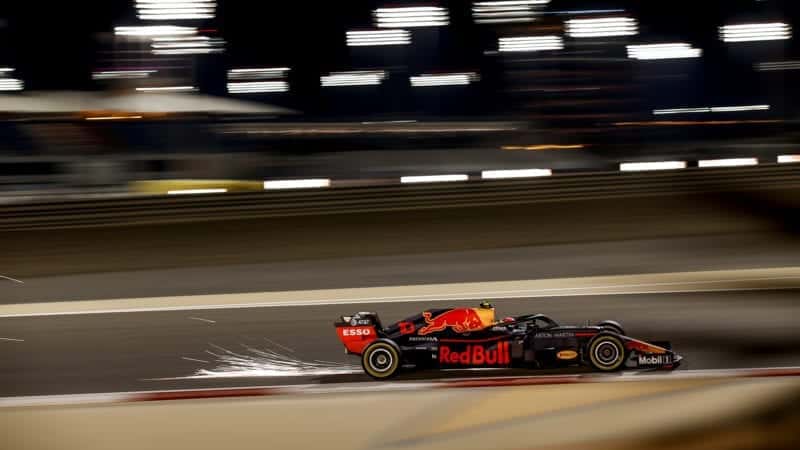 Pierre Gasly's Red Bull sends up a shower of sparks during the 2019 F1 Bahrain Grand Prix