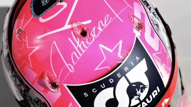Pierre Gasly's pink helmet for the 2019 Belgian Grand Prix at Spa Francorchamps paying tribute to Anthoine Hubert