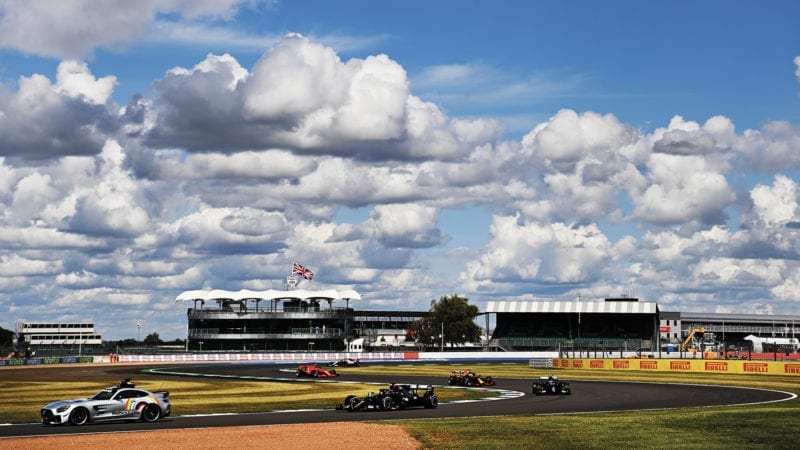 Safety car leads the F1 field around Silverstone during the 2020 British Grand Prix