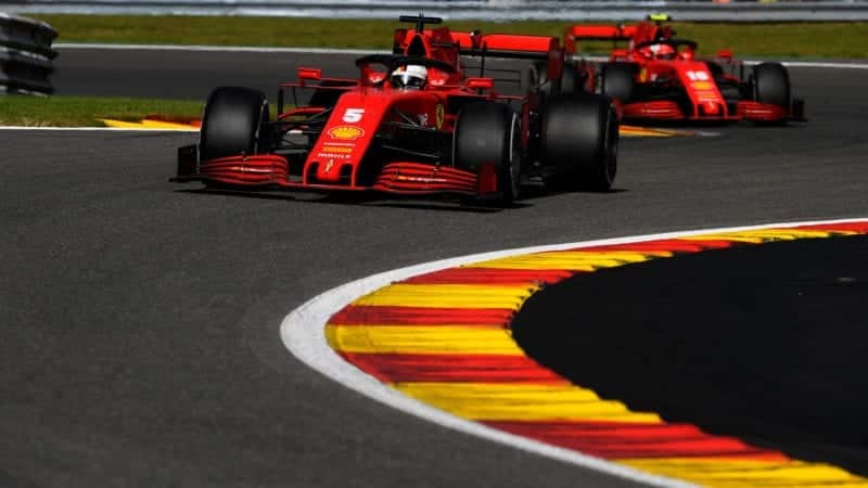 Sebastian Vettel ahead of Charles Leclerc at Spa Francorchamps in the 2020 F1 Belgian Grand Prix