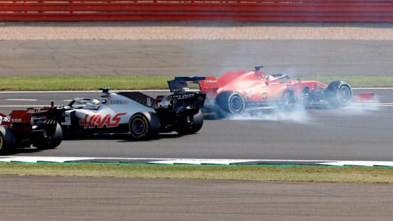 Sebastian Vettel spins at the start of the 2020 D1 70th Anniversary Grand Prix at Silverstone