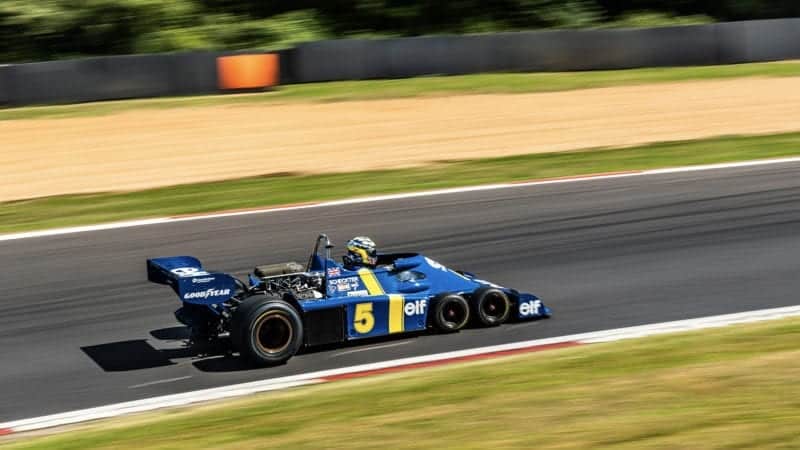 Side view of Jonathan Holtzman in his Tyrrell P34 during the 2020 Brands Hatch Historic Masters round