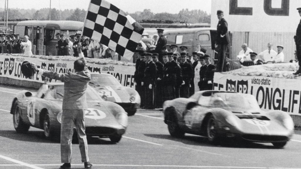 The Jochen Rindt Masten Gregory Ferrari crosses the line to win the 1965 Le Mans 24 Hours