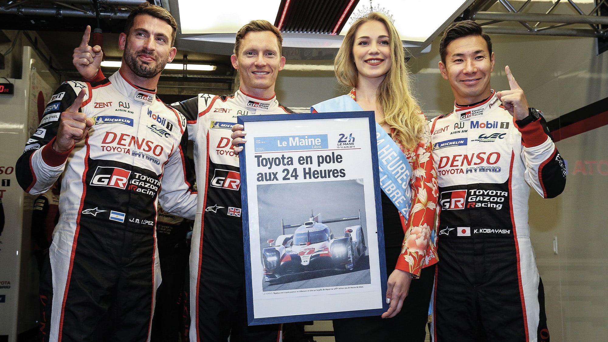 Toyota car 7 drivers celebrate clinching pole position for the 2019 Le Mans 24 Hours