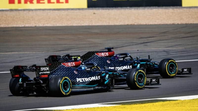 Valtteri Bottas follows Mercedes team-mate Lewis Hamilton closely at Silverstone during the 2020 F1 British Grand Prix