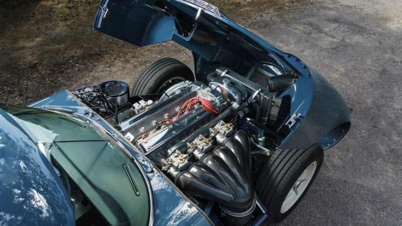 View of engine with the bonnet open of the 2020 Eagle E-type Lightweight GT