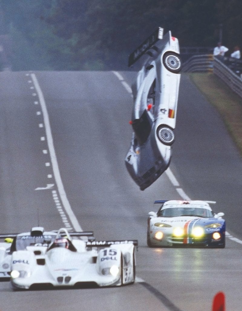 Mark Webber's Mercedes CLR flips on the Mulsanne Straight at ahead of the 1999 Le Mans 24 Hours race