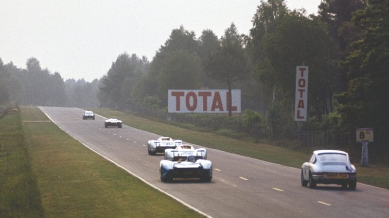 Cars head towards Indianapolis during the 1969 Le Mans 24 Hours