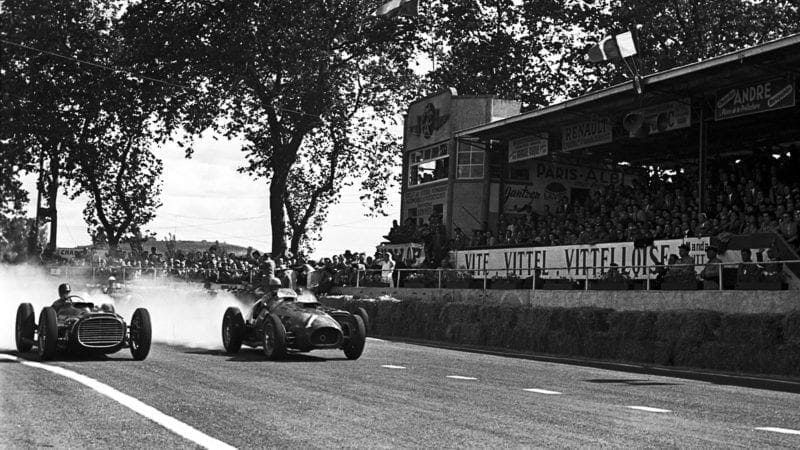 Alberto Ascari and Juan Manuel Fangio side by side during the 1953 Grand Prix of Albi