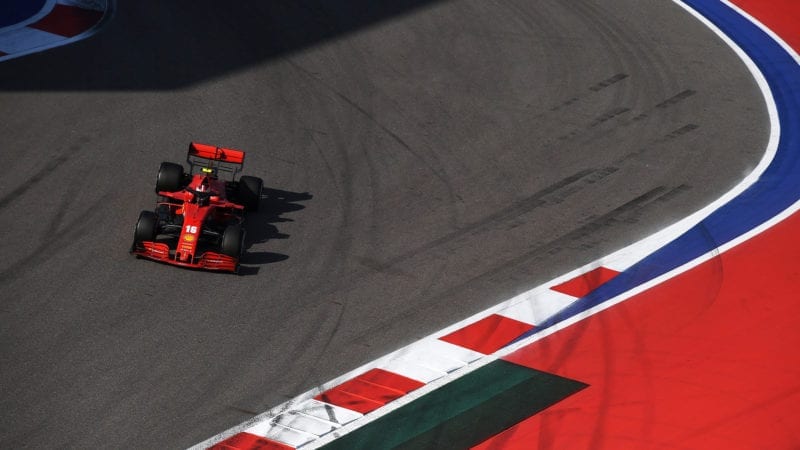 Charles Leclerc's Ferrari in Sochi during the 2020 f1 Russian Grand Prix