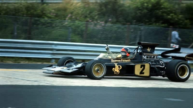 Emerson Fittipaldi in the black and gold Lotus 72 at the Nurburgring for the 1972 German Grand Prix