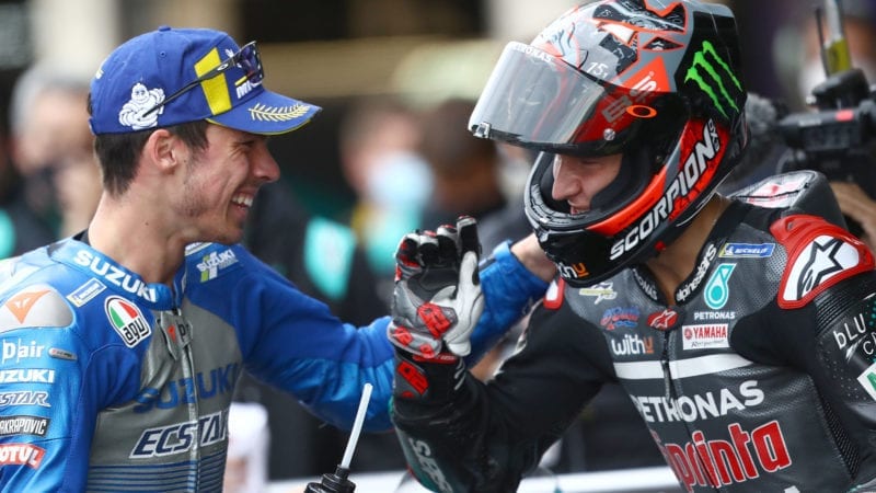 Fabio Quartararo and Joan Mir congratulate each other on their 1-2 finish in the 2020 MotoGP Catalan Grand Prix in Barcelona