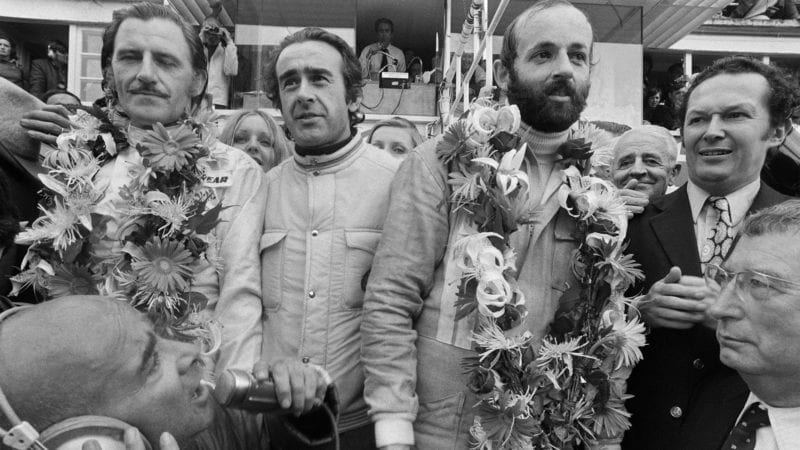 Graham Hill and henri Pescarolo on the podium after winning the 1972 Le Mans 24 Hours