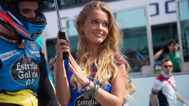 Grid girl holding an umbrella ahead of the 2019 MotoGP San Marino Grand Prix at Misano