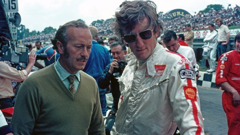 Colin Chapman with Jochen Rindt at Brands Hatch ahead of the 1970 British GP