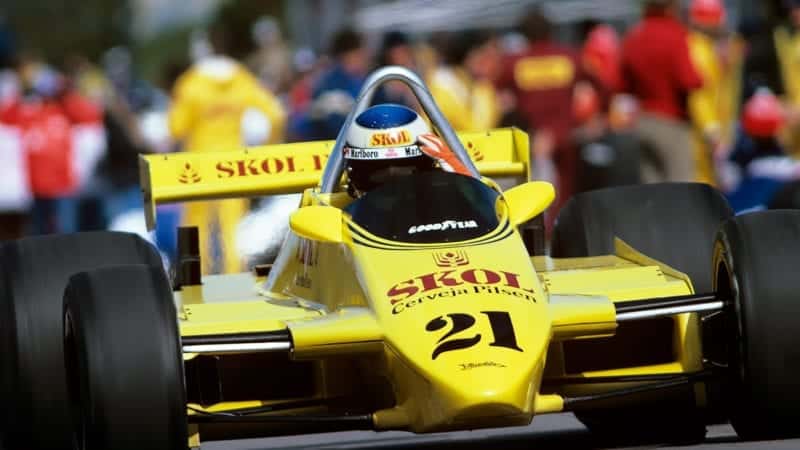 Keke Rosberg in the Fittipaldi-Ford F8 dueing the 1980 F1 Grand Prix of Canada at the Circuit Gilles Villeneuve
