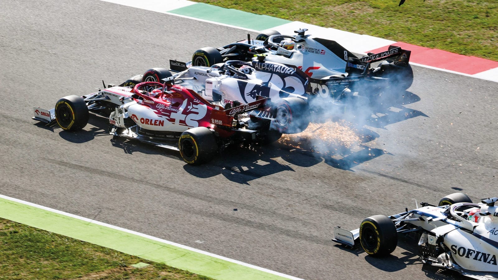Kimi Raikkonen Pierre Gasly and Romain Grosjean collide at Mugello during the 2020 F1 Tuscan Grand Prix