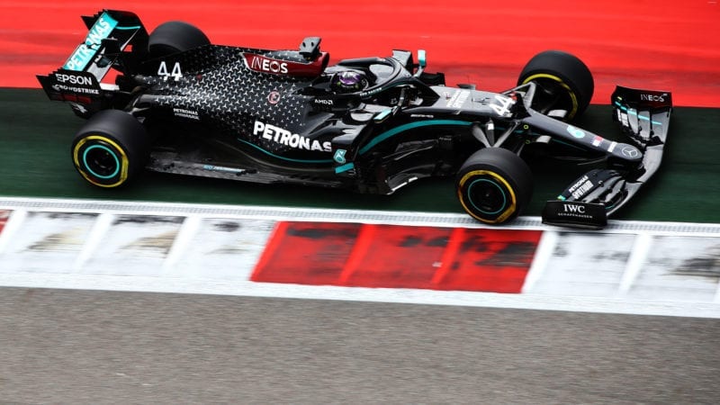 Lewis Hamilton drives out of track limits during qualifying for the 2020 F1 Russian Grand Prix