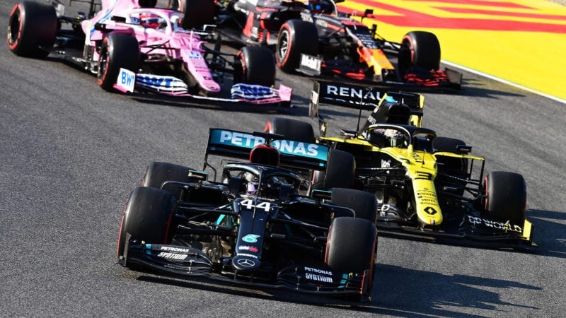 Lewis Hamilton leads Daniel Ricciardo at the third Mugello restart during the 2020 F1 Tuscan Grand Prix