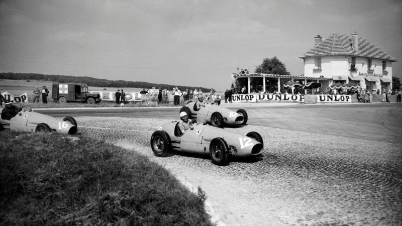 Luigi Villoresi is followed by Ferrari team mates Alberto Ascari and Mike Hawthorn at the 1953 French Grand Prix at Reims