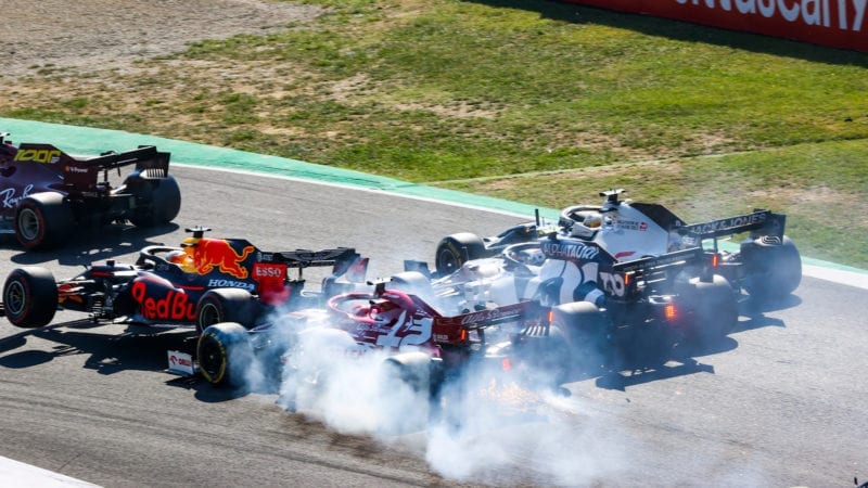 Max Verstappen and Kimi Raikkonen collide in a first lap crash during the 2020 F1 Tuscan Grand Prix at Mugello