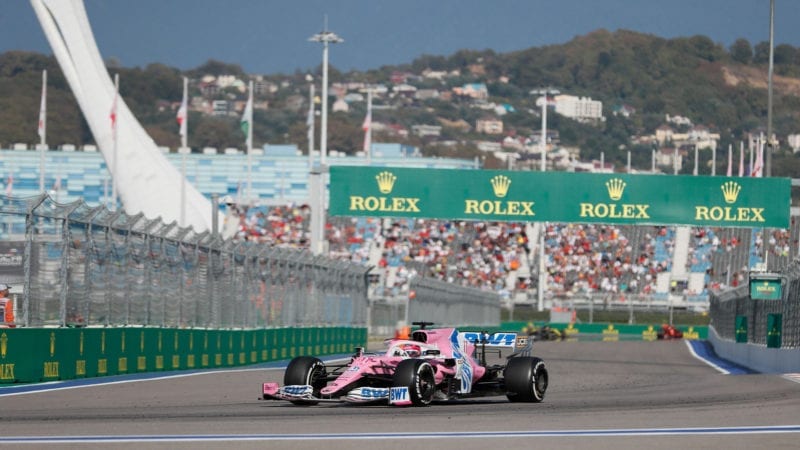 Sergio Perez in the Racing Point during the 2020 f1 Russian Grand Prix in Sochi