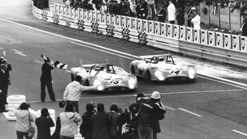 The Graham Hill and Henri Pescarolo Matra-Simca MS 670 crosses the line to win the 1972 Le Mans 24 hours